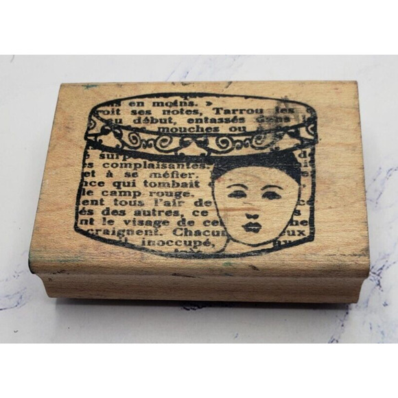 Hat Box French Text Wood Mount Rubber Stamp Vintage Boutique Womans Face Collage - Picture 1 of 7